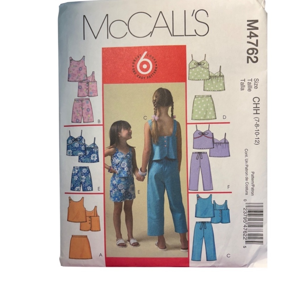 McCALL'S  Incut Pattern M4762 Girls Shorts, Pants, Top Skort Sizes 7-12
